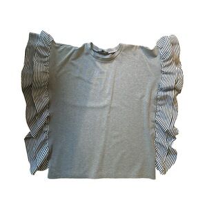 Gray cotton blouse with white edges with navy blue wide